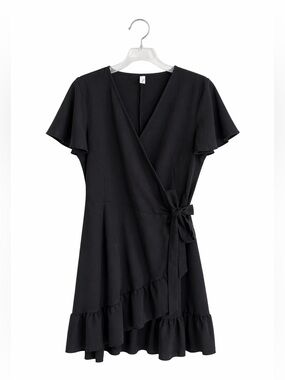 Naggoo Black Wrap Dress Women’s Large V-Neck Ruffle Mini Tie Waist